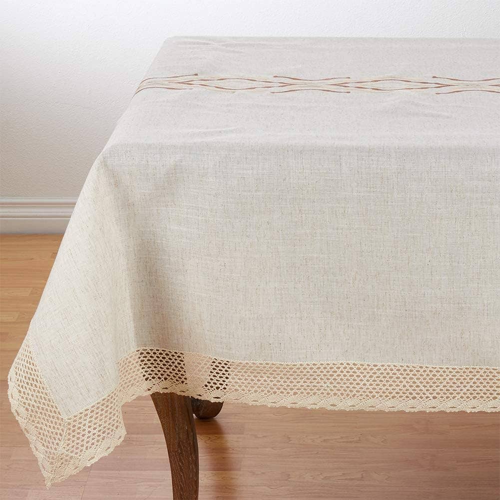 4799 - Natural Embroidered Lace Trim 72"x120" Linen-Poly Tablecloth