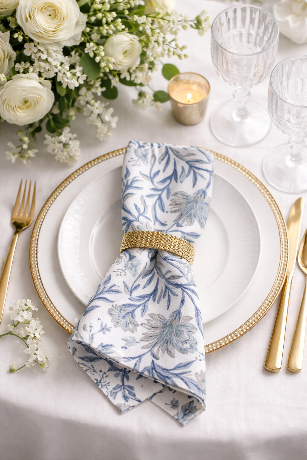 2521 - Blue Botanical Block Print Cotton 20" Dinner Napkin