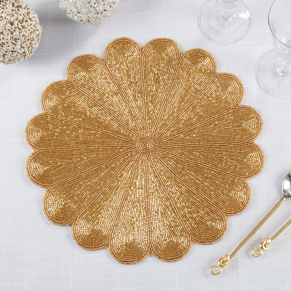 201 - Gold Flower Beaded 15" Round Placemat