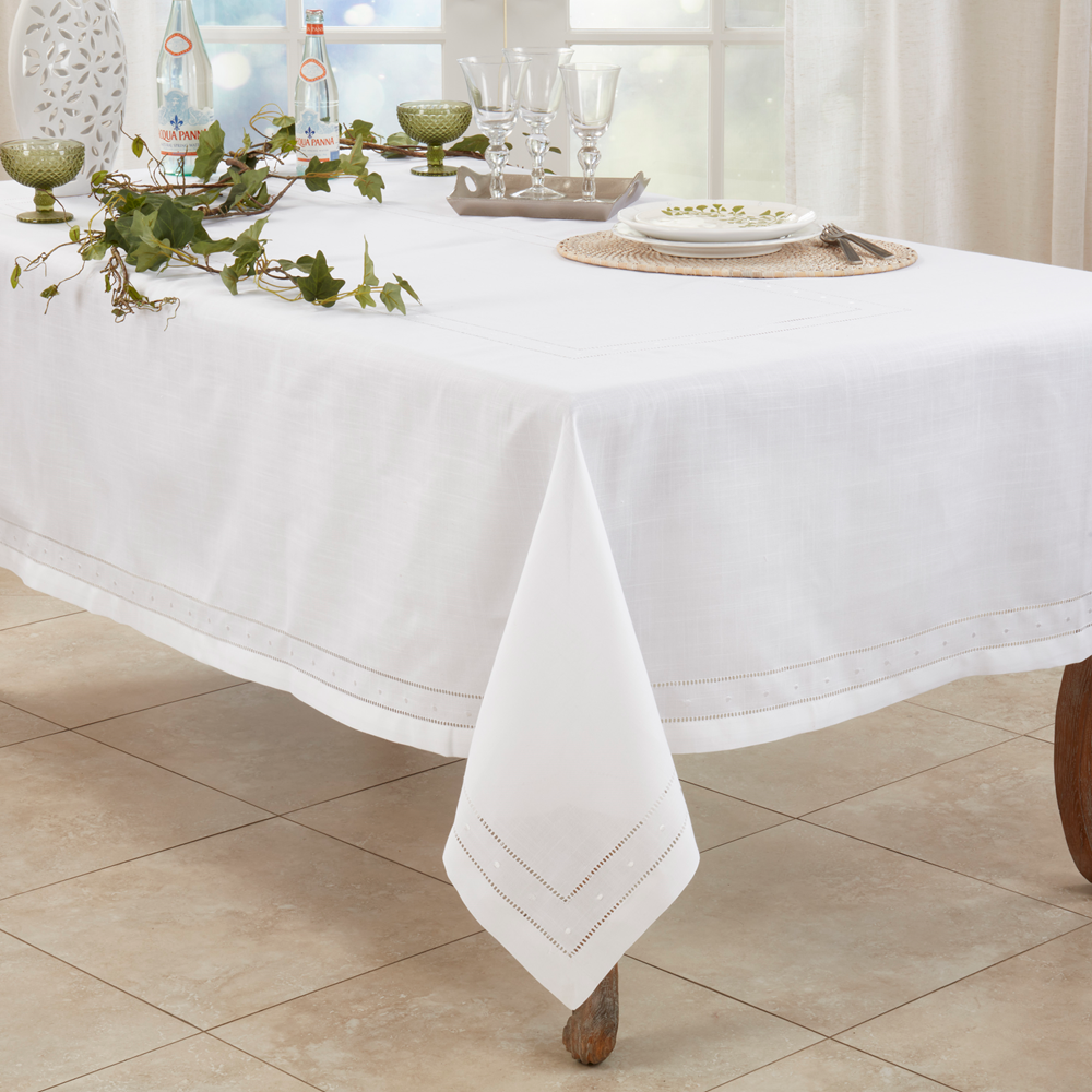 6648 - Embroidered & Hemstitch White Tablecloth
