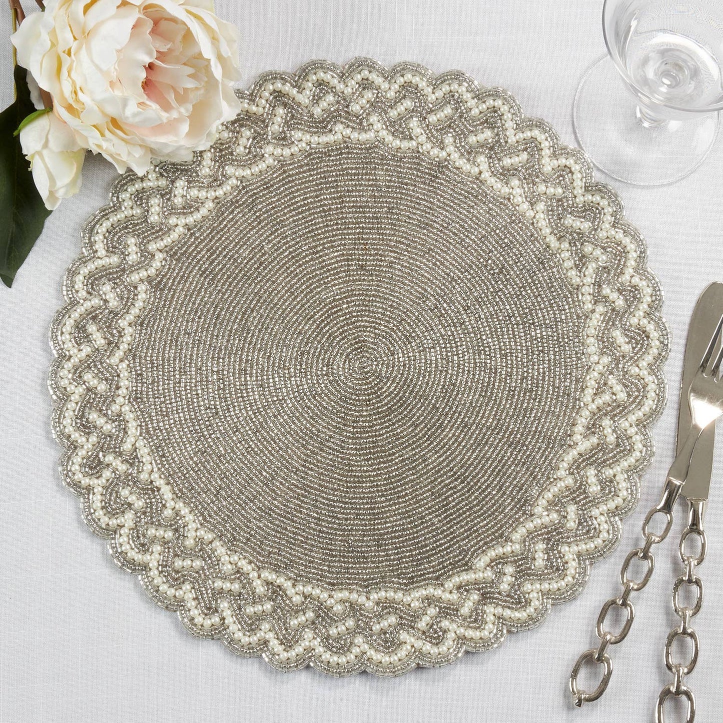 4180 - Silver Elegant Hand Beaded 14" Round Placemat