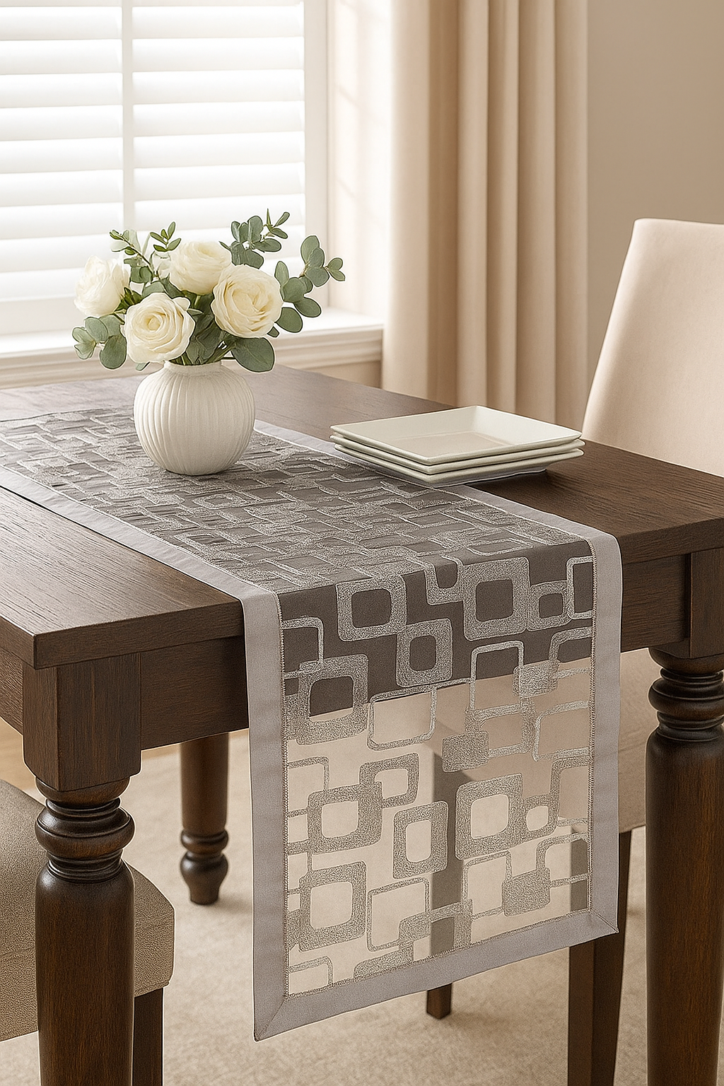 3713 - Silver Embroidered Geometric Semi-Sheer Table Runner