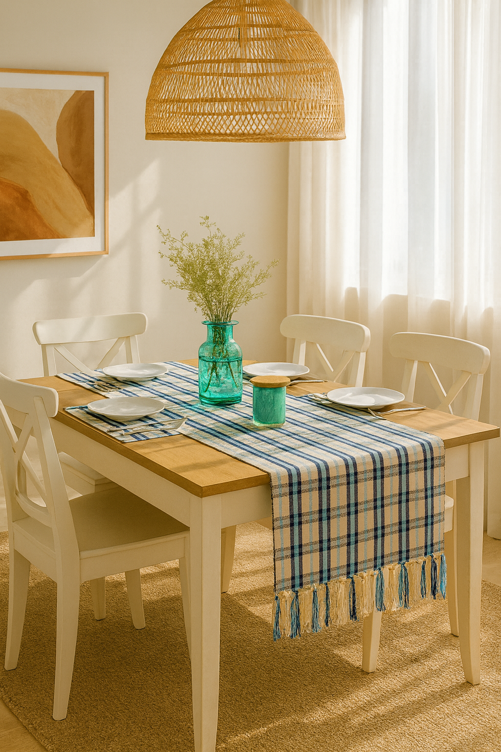 TBL0013 - Blue Tartan Plaid Cotton Blend Table Runner with Fringe