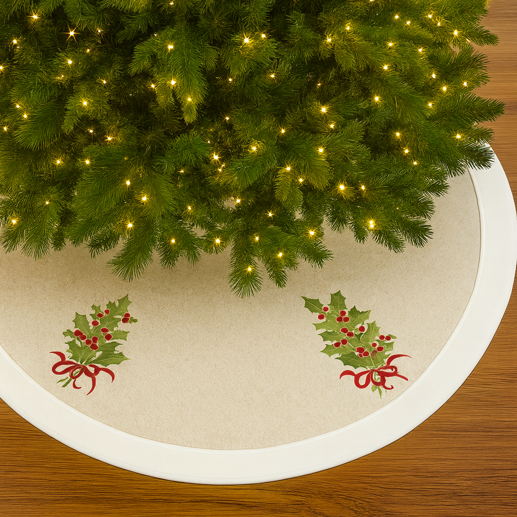TBL0002 - White & Natural Embroidered Holly 53" Christmas Tree Skirt