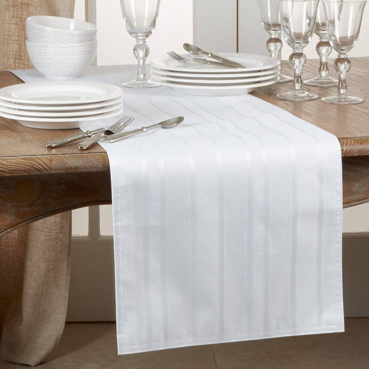 6223 - White Woven Jacquard Striped 16"X72" Table Runner