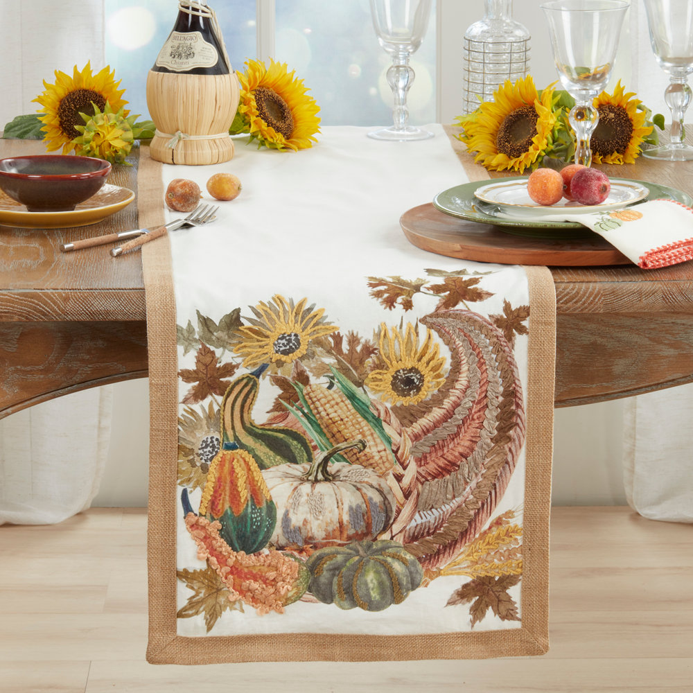7442 - Embroidered Cornucopia Cotton Table Runner - 16"x72"
