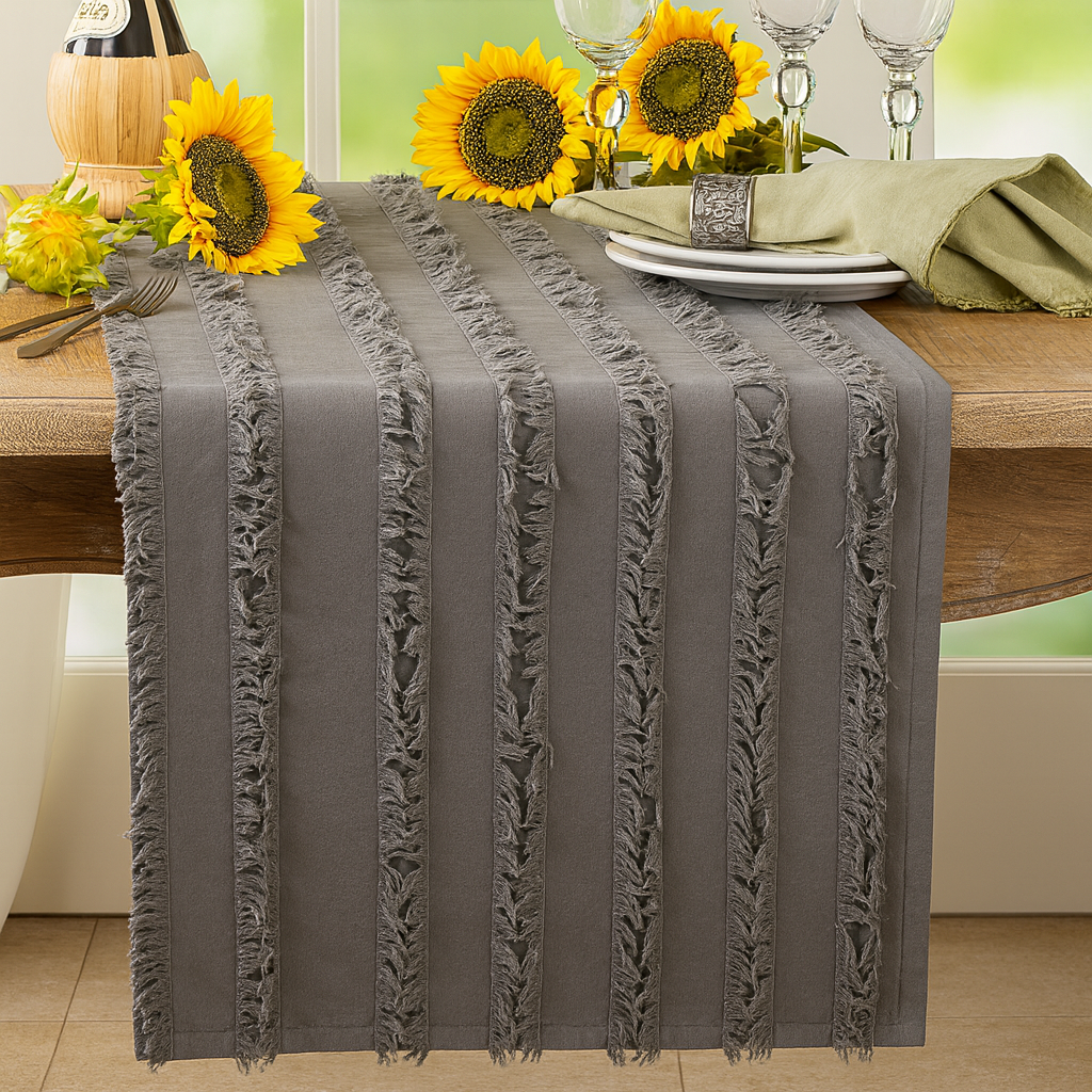 TBL0042 - Slate Fringed Stripe Cotton 15"x72" Table Runner