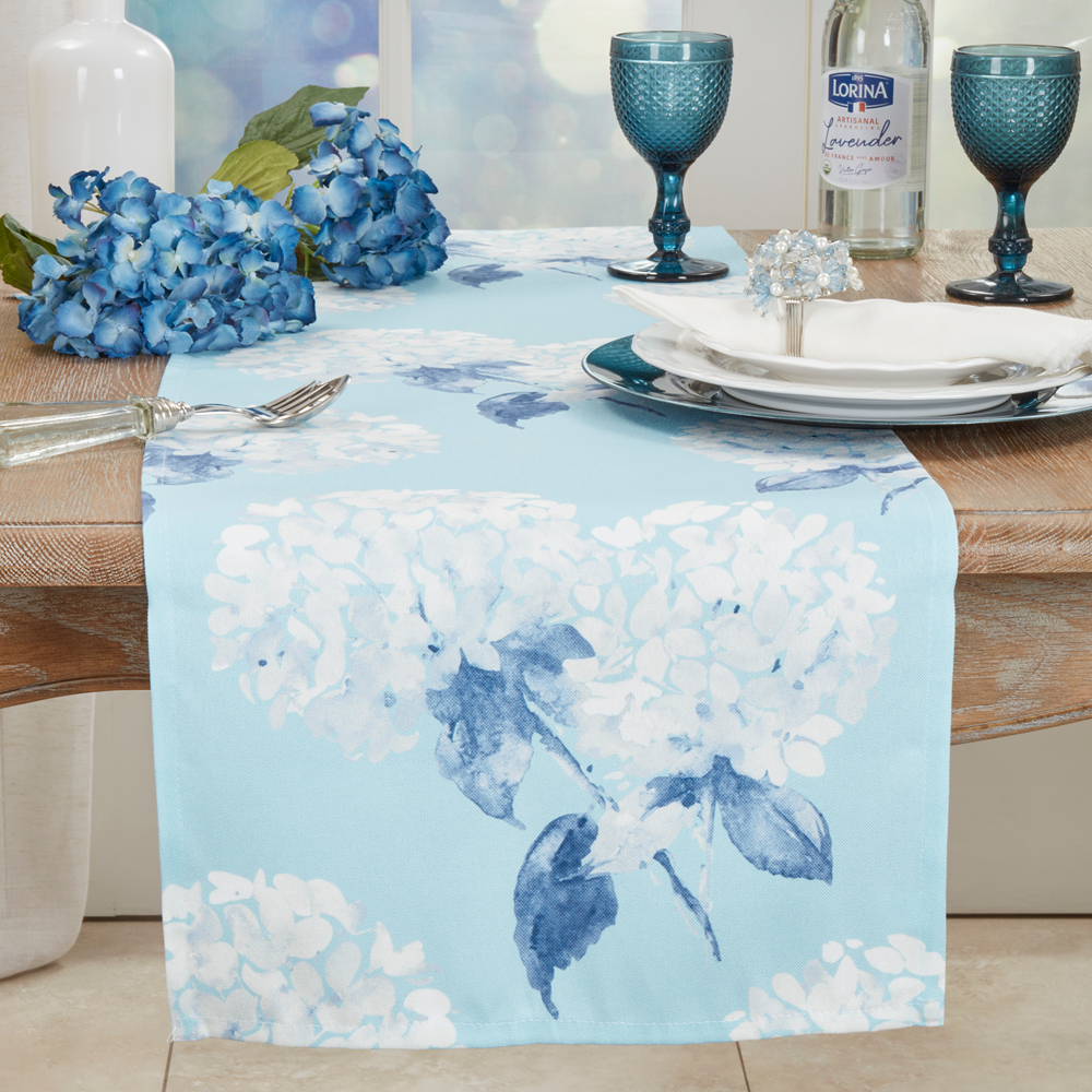 1632 - White Hydrangea Aqua Blue Table Runner