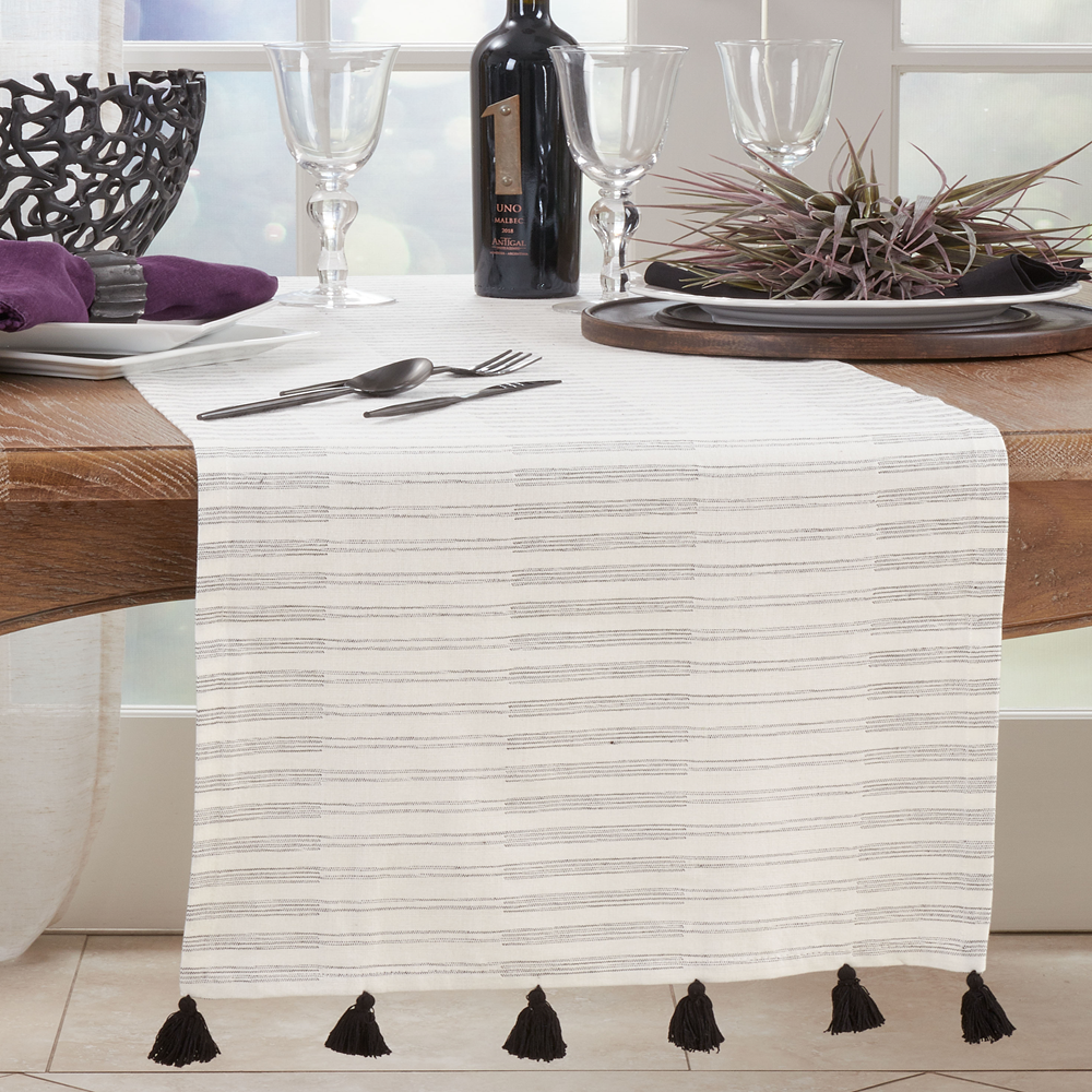 788 - Black-White Striped Tassel Cotton 16"x72" Table Runner