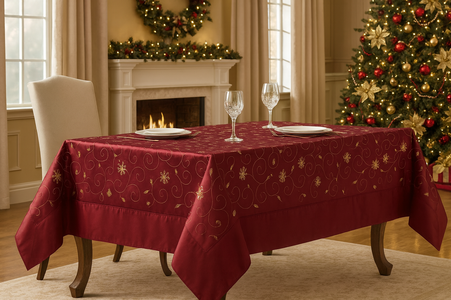 XJ511 - Gold Embroidered & Sequined Burgundy Tablecloth