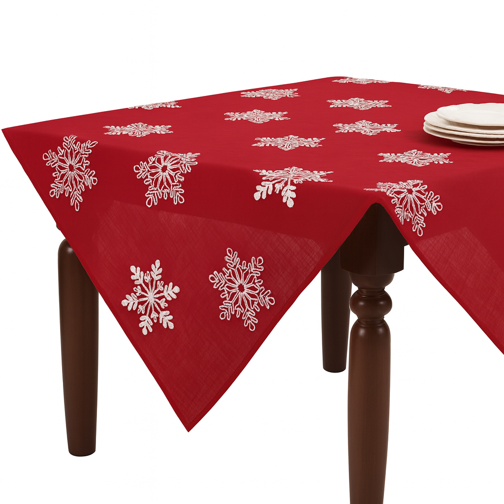 70196 - Embroidered White Snowflake Red 60" Square Tablecloth