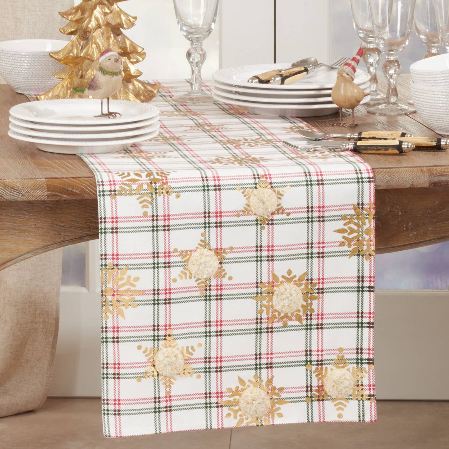 1339 - Red-Green Plaid Snowflake Cotton Blends Table Runner