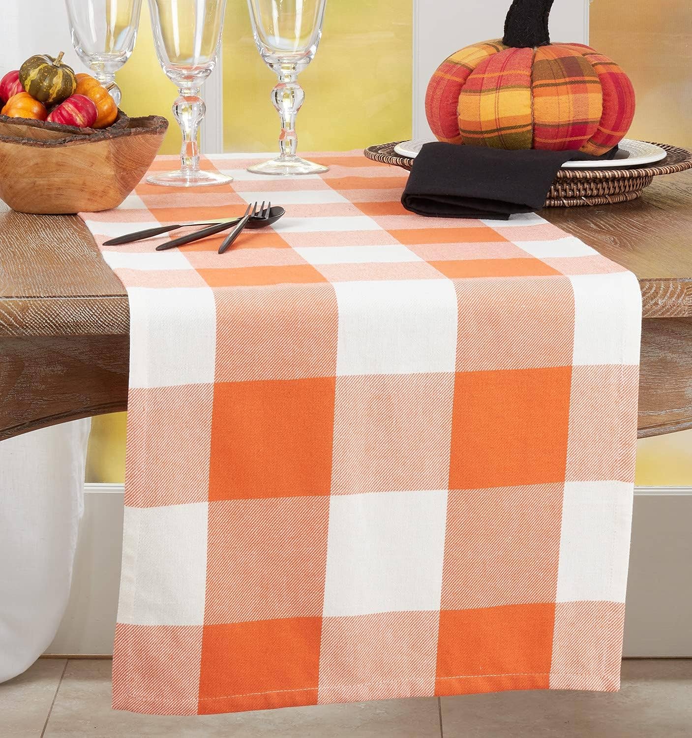 5340 - Orange and White Classic Plaid Cotton 16"X120" Table Runner