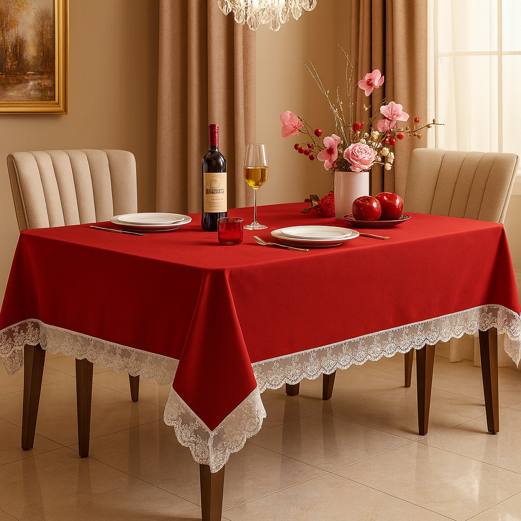 TBL0073 - White Lace Trim Red Cotton Tablecloth