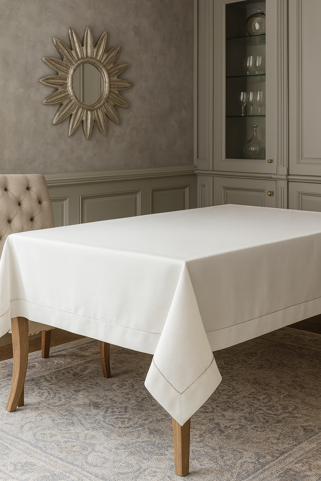 9110 - Silver Metallic Piping Shimmering White Tablecloth