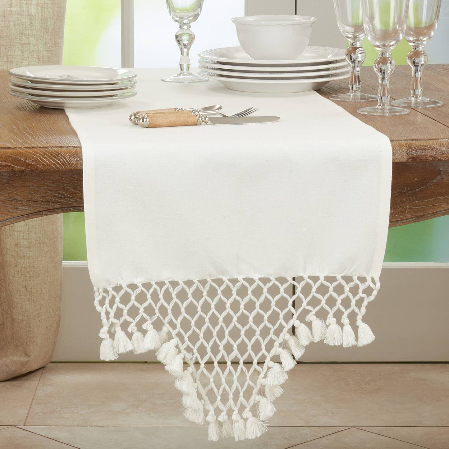 1220 - White Braided Tassel Cotton 16"x72" Table Runner