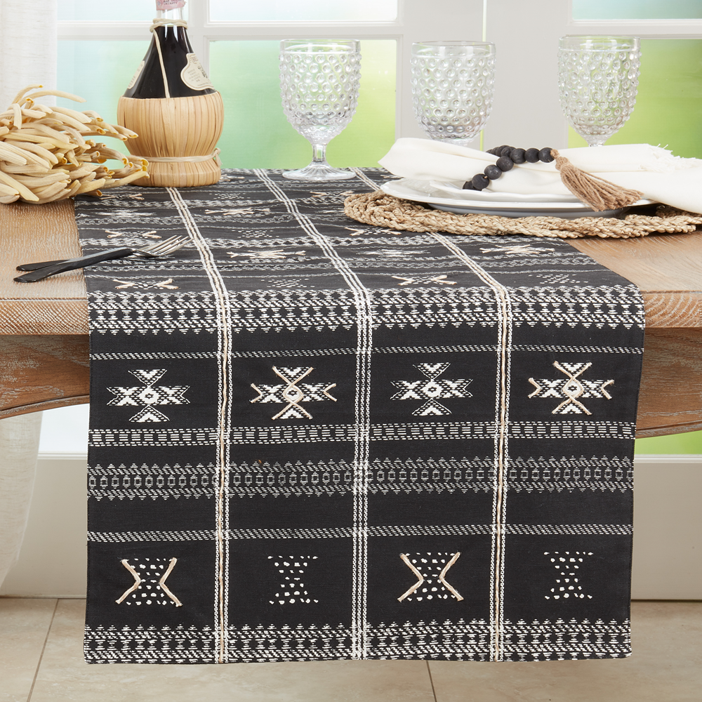 726 - Black Embroidered Mudcloth 16"X72" Table Runner