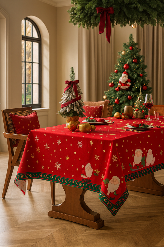 TBL0089 - Red Santa and Snowflake  Holiday Tablecloth