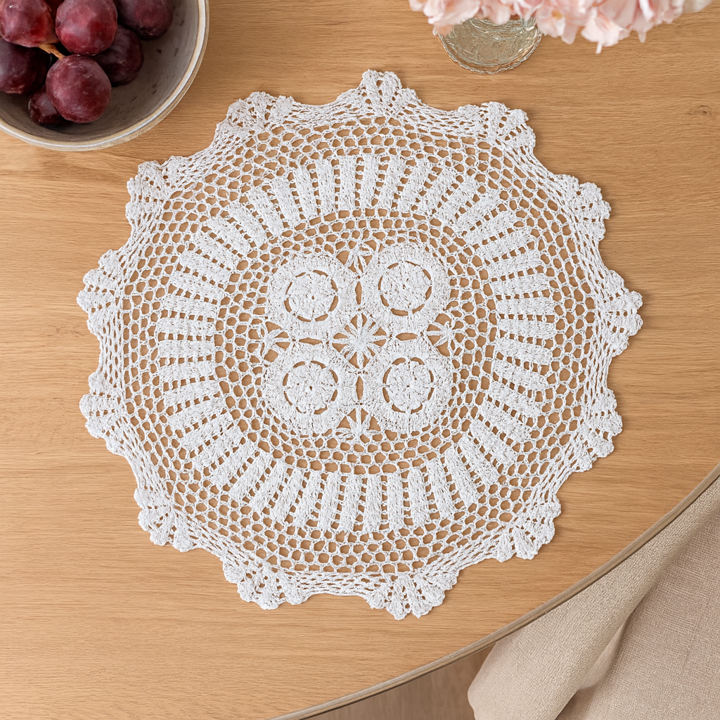 869 - White Medallion Hand Crocheted Cotton 20" Round Doily