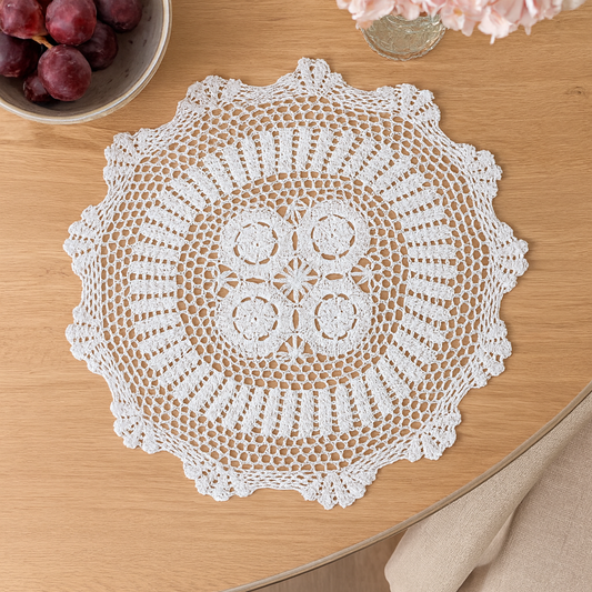 869 - White Medallion Hand Crocheted Cotton 20" Round Doily