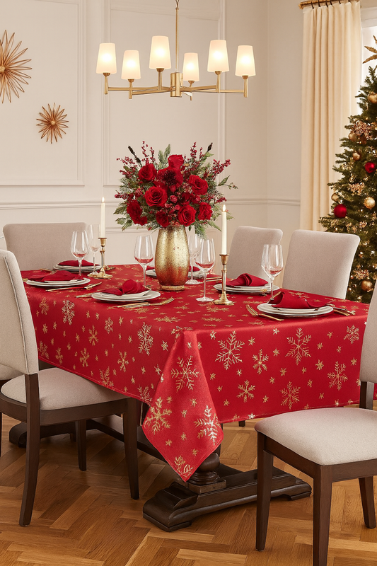 TBL0051 - Gold Snowflake Festive Red 70" Square Tablecloth