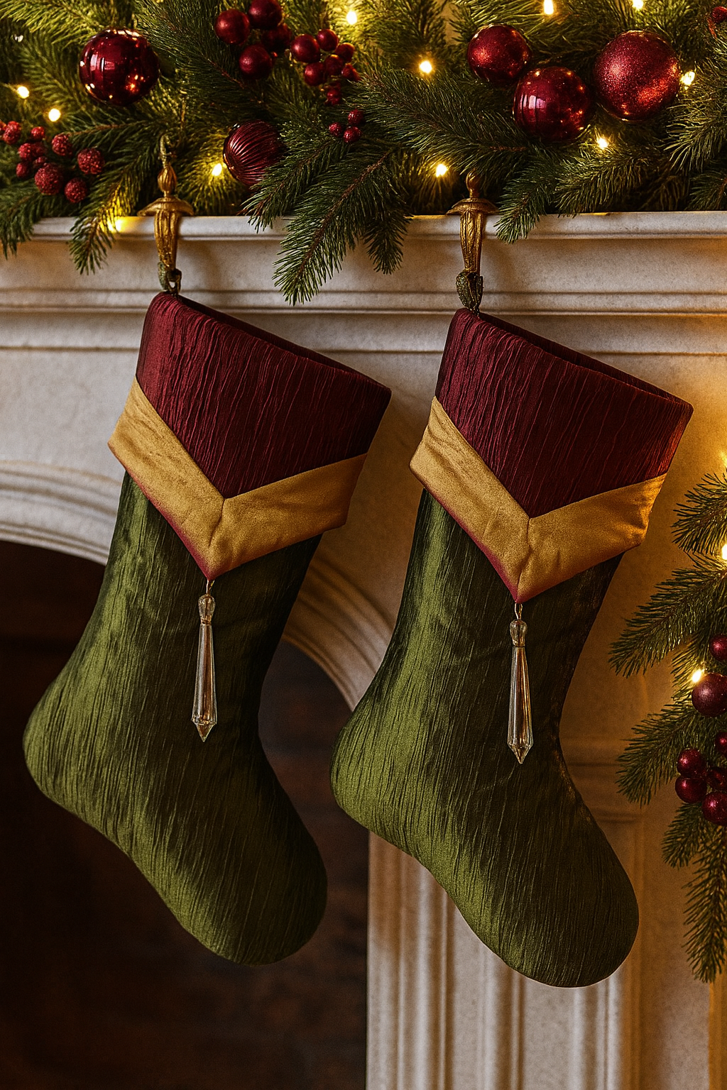 4754 - Set of 2 Two-Tone Crushed Tasseled Christmas Stockings