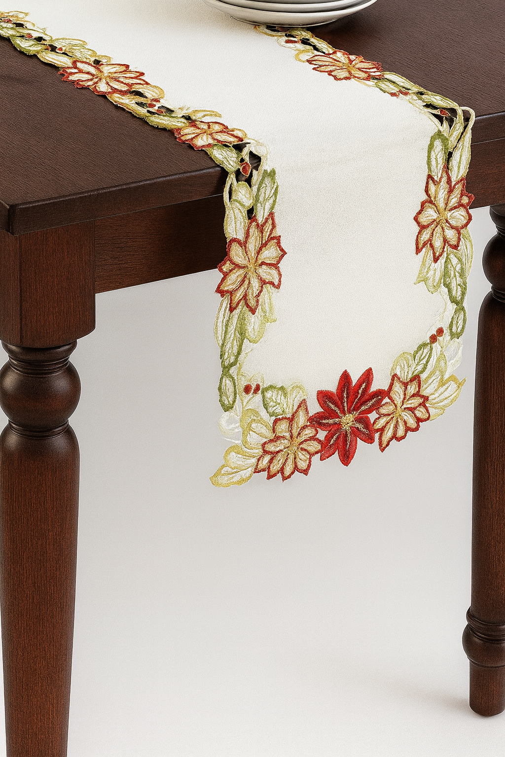 648 - Embroidered & Cutwork Poinsettia 16"x72" Table Runner