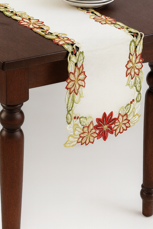 648 - Embroidered & Cutwork Poinsettia 16"x72" Table Runner