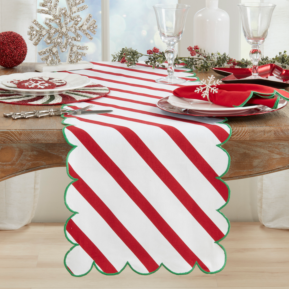 8125 - Red & White Striped Scalloped Table Runner with Green Trim