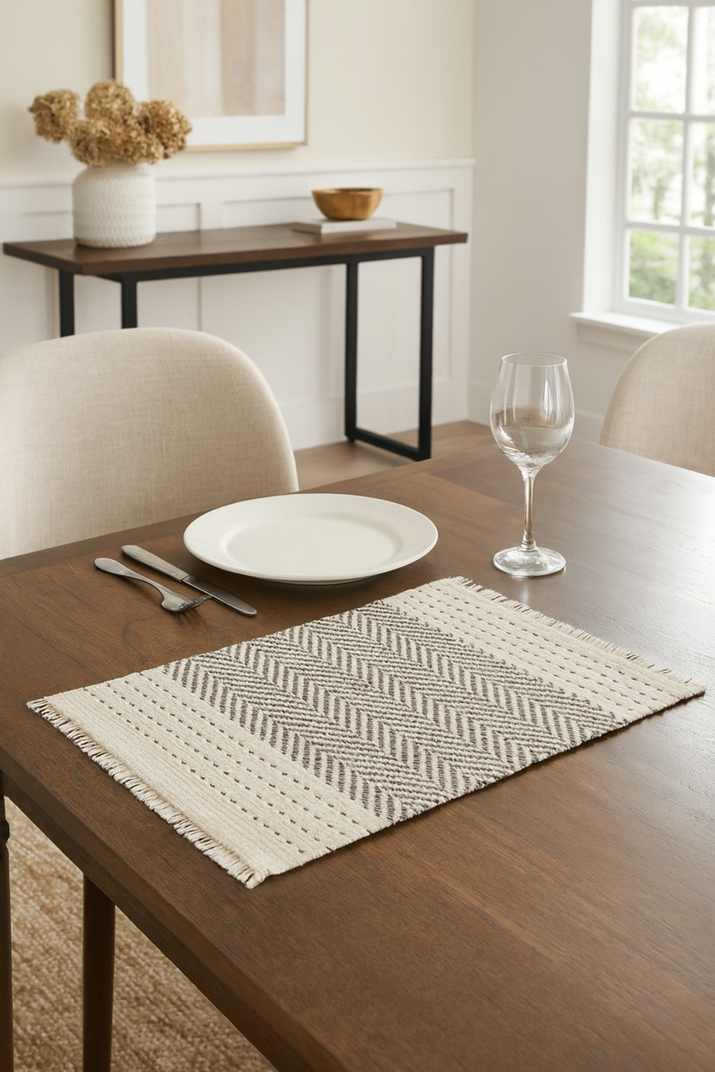 1229 - Grey Kantha Stitch Tasseled Cotton 13"x19" Placemat