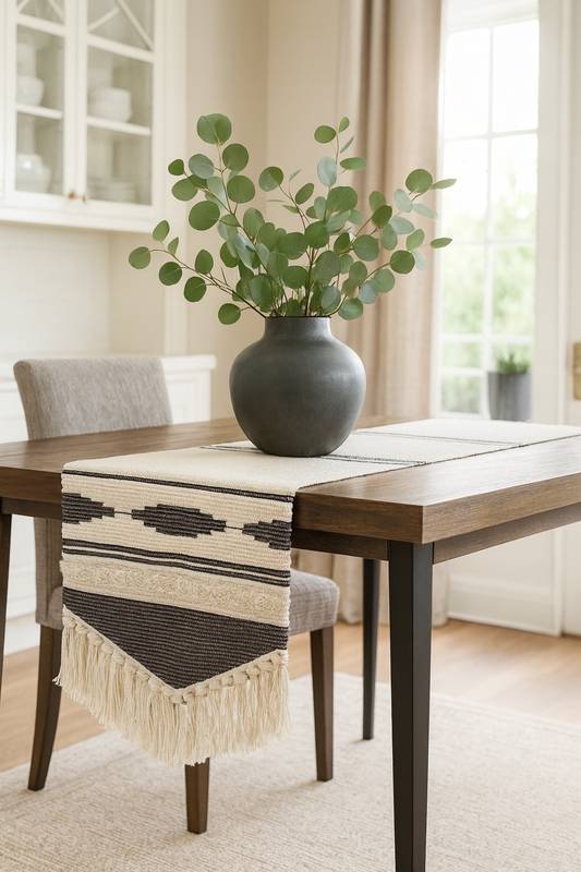 RNR0013 - Black Natural Geometric Cotton Table Runner with Tassels