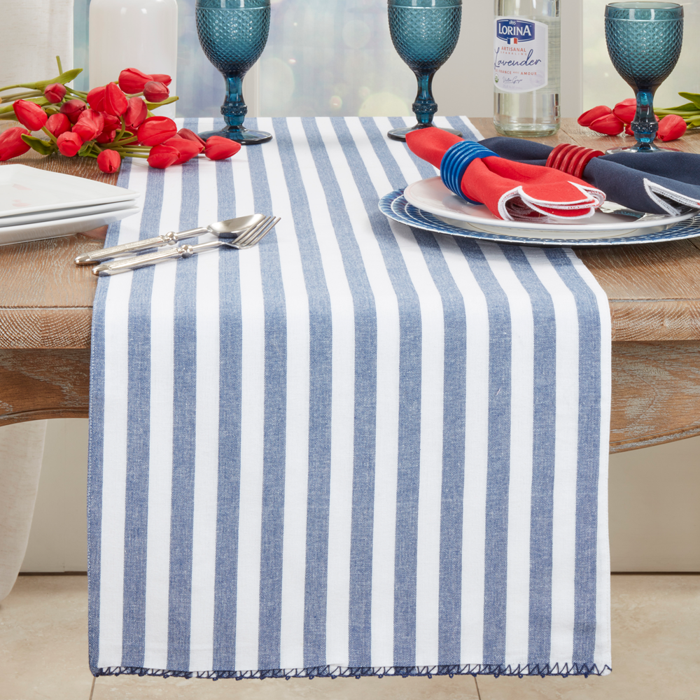 7041 - White & Blue Striped Whipstitch Cotton 16x72 Table Runner