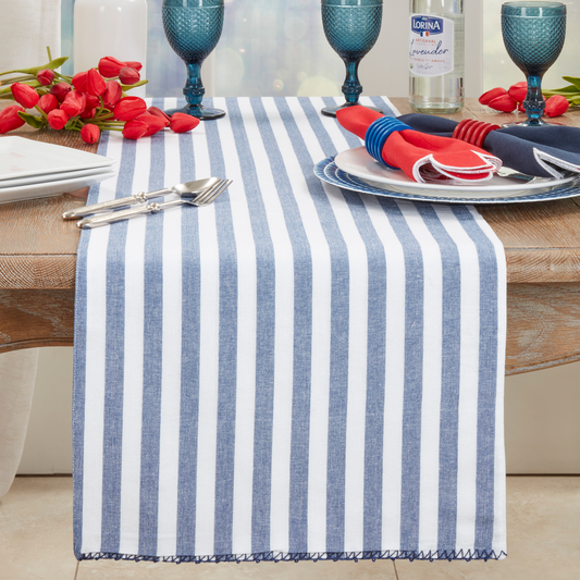 7041 - White & Blue Striped Whipstitch Cotton 16x72 Table Runner