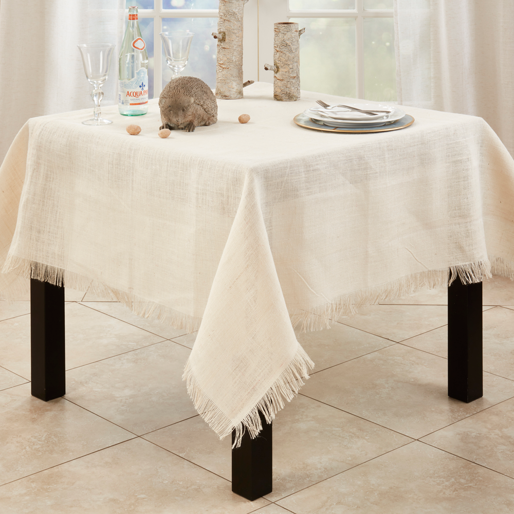 JU209 - Ivory Fringed Jute Woven 60" Square Tablecloth
