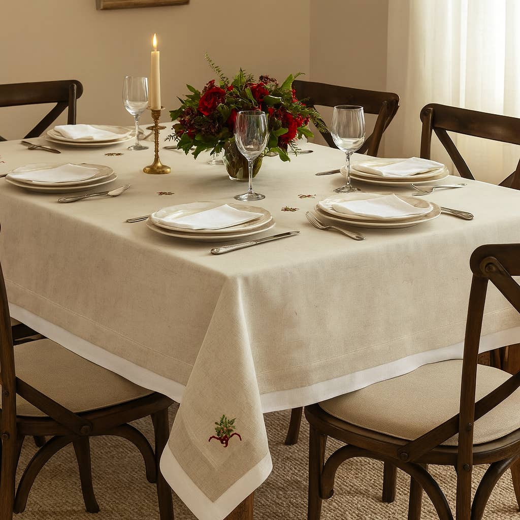 TBL0002 - White & Natural Embroidered Linen-Poly Holly Tree Tablecloth