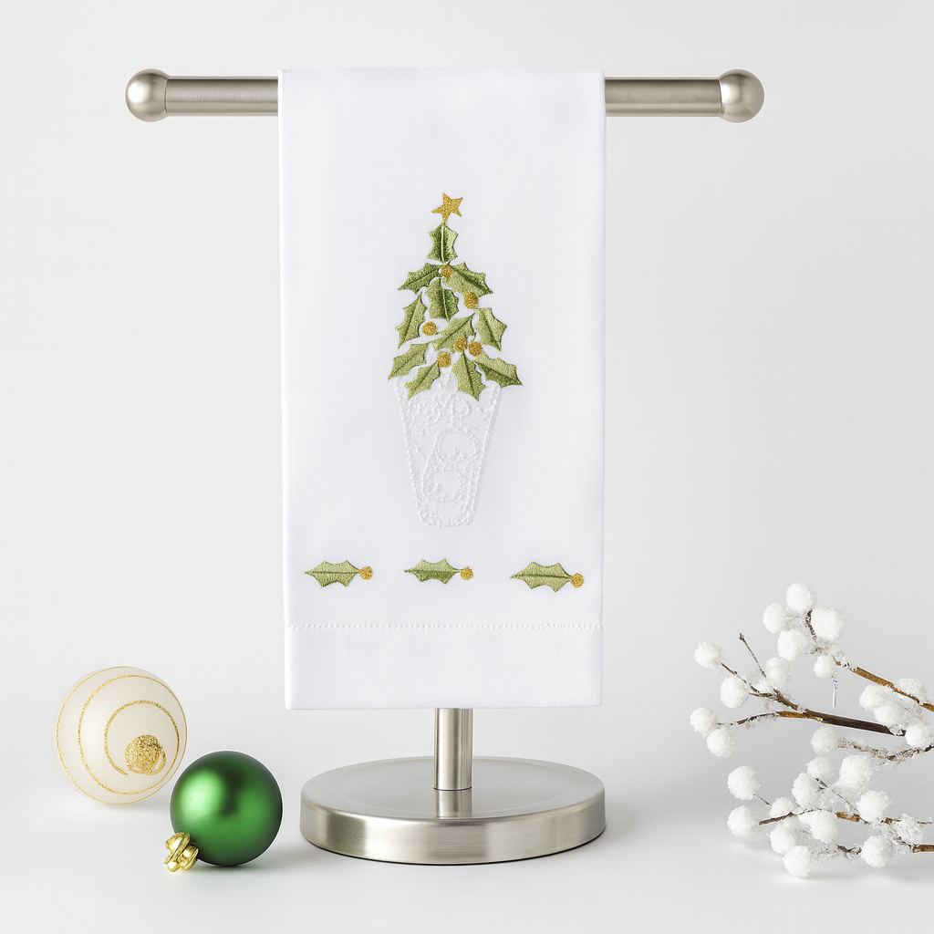 XM601 -  Embroidered Christmas Tree Hemstitched Linen Guest Towel