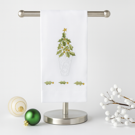 XM601 -  Embroidered Christmas Tree Hemstitched Linen Guest Towel