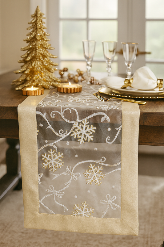 XJ366 - Snowflake & Ribbon Gold Border Sheer Holiday Table Runner