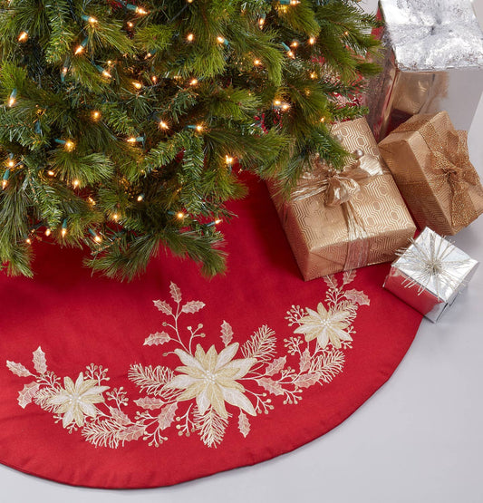 4632 - Embroidered Holly Tree Red Christmas Tree Skirt