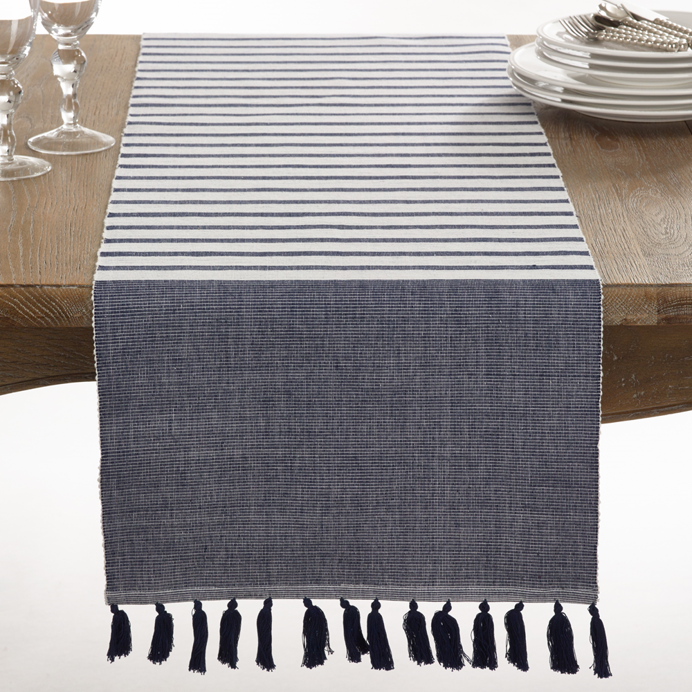 1834 - Two-Tone Ribbed Tassel Cotton Table Runner