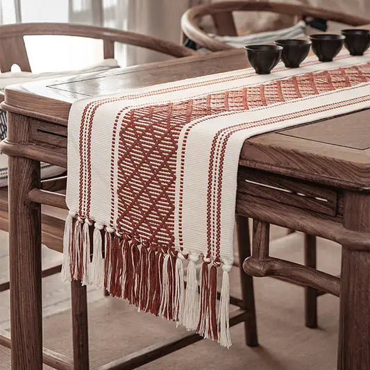 RNR0017 - Red Diamond Stitched Tasseled Cotton Blend Table Runner