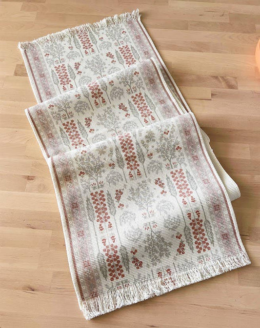 RNR0019 - Coral Botanical Flower Fringed Cotton Blend Table Runner