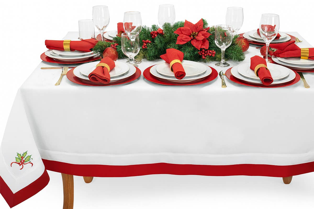 TBL0002 - Red & White Embroidered Linen-Poly Holly Tree Tablecloth