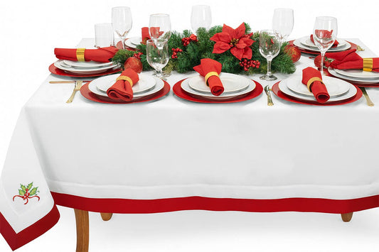 TBL0002 - Red & White Embroidered Linen-Poly Holly Tree Tablecloth