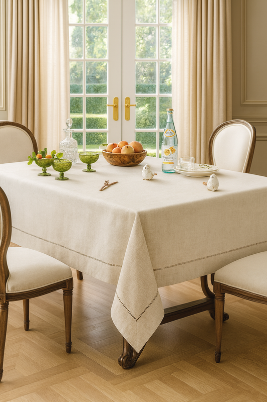 731 - Natural Hemstitched Linen Blend Tablecloth