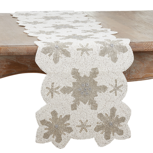3284 - White Beaded Snowflake 13"x35" Table Runner