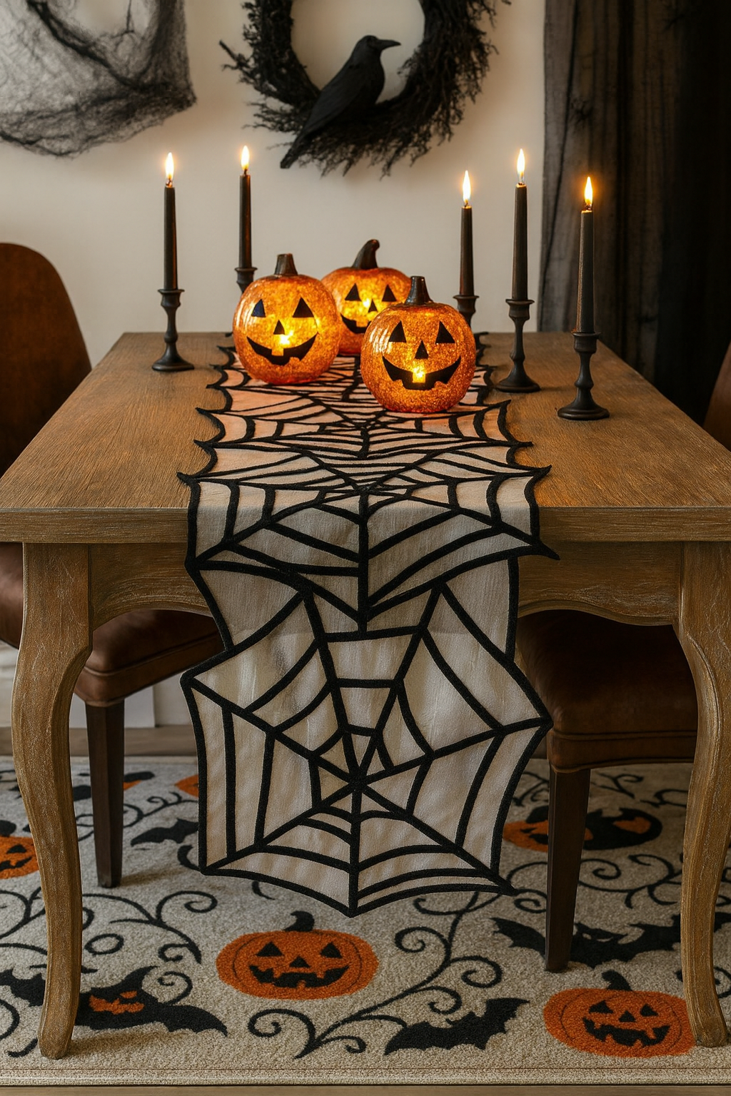 204 - Black and White Spider Web Net 14"X72" Table Runner