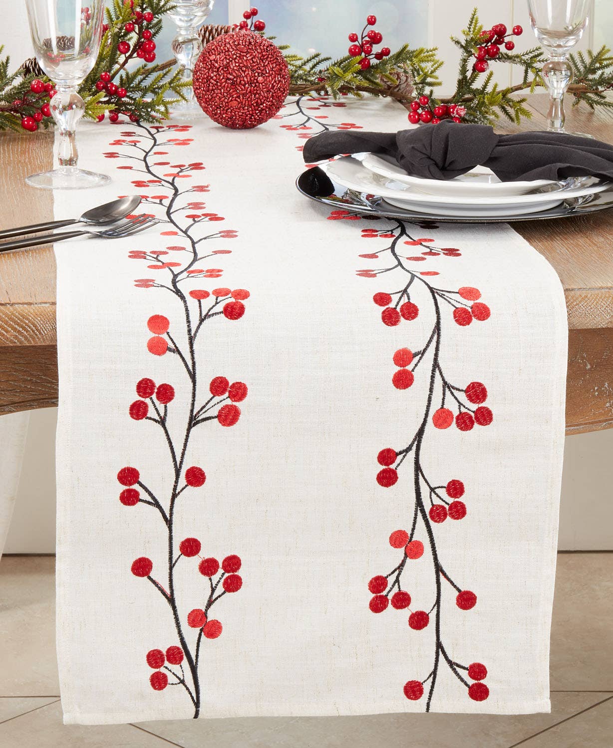 9214 - Embroidered Berry Natural 16x72 Table Runner