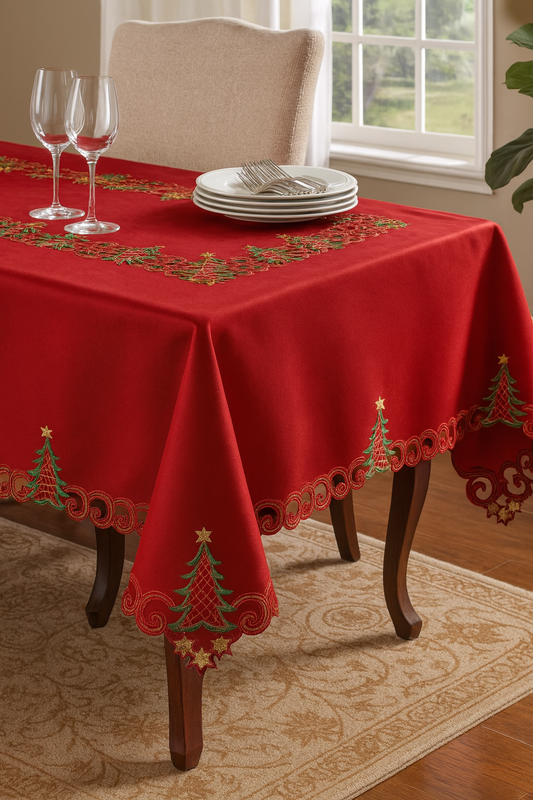 QX227 - Red Embroidered Christmas Tree 67" Square Tablecloth
