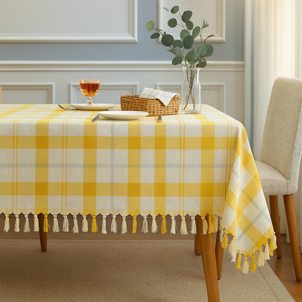 TBL0056 - Yellow & White Plaid Cotton Blend  Tablecloth with Tassels
